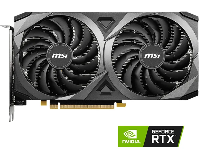 Black dual-fan graphics card with silver heatsink visible through vents, PCIe bracket showing one HDMI and three DisplayPort connectors