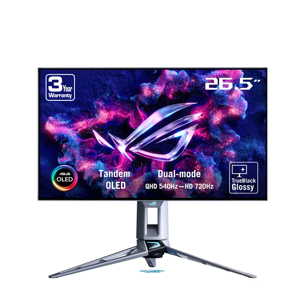 White flat 26.5 inch OLED gaming monitor with thin bezels and adjustable stand