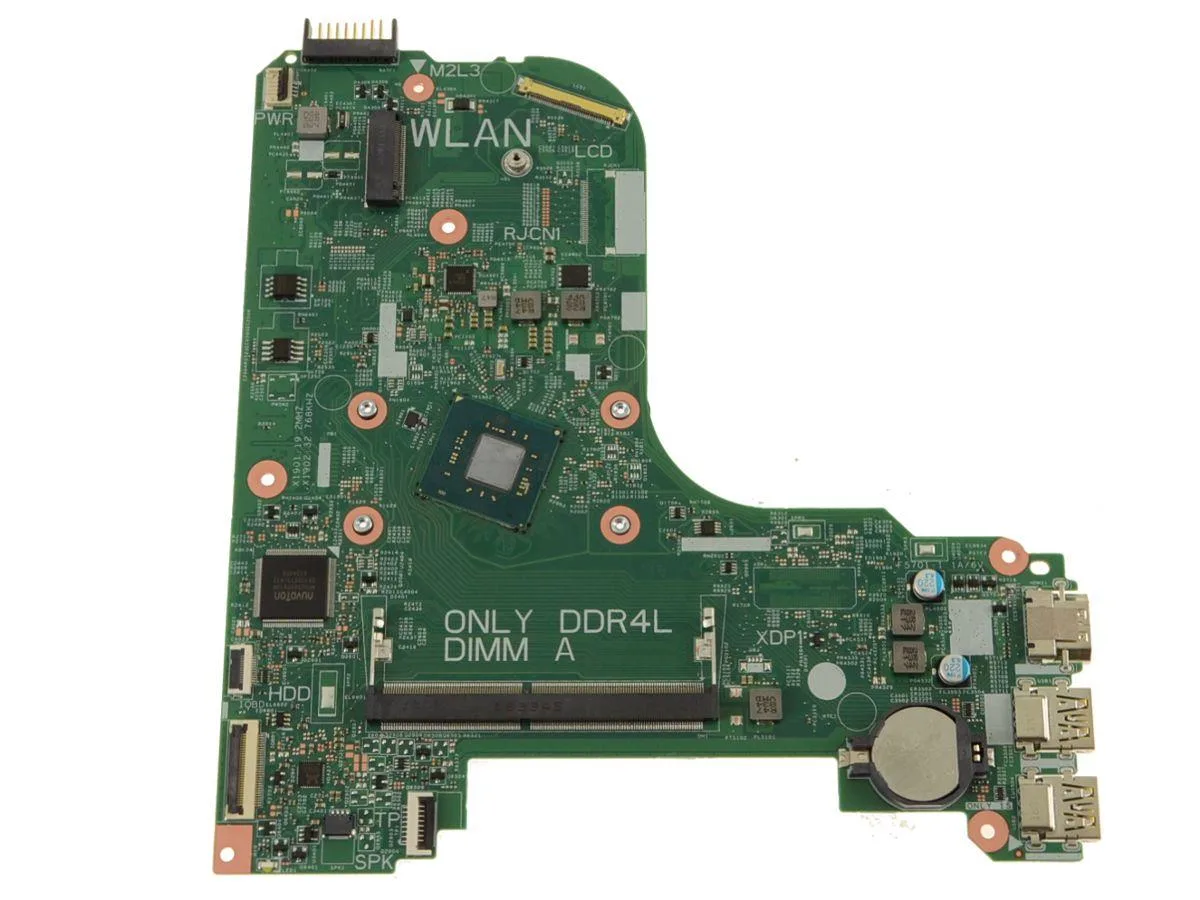 Green rectangular laptop motherboard with integrated silver CPU heatsink and black connectors visible