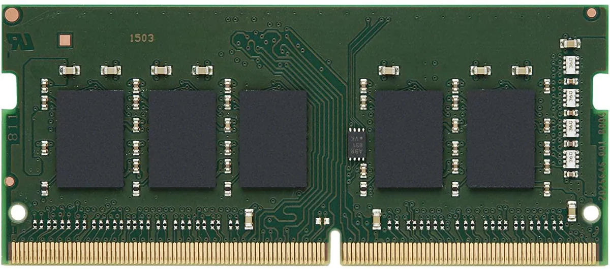 Green circuit board with black memory chips and gold edge connectors