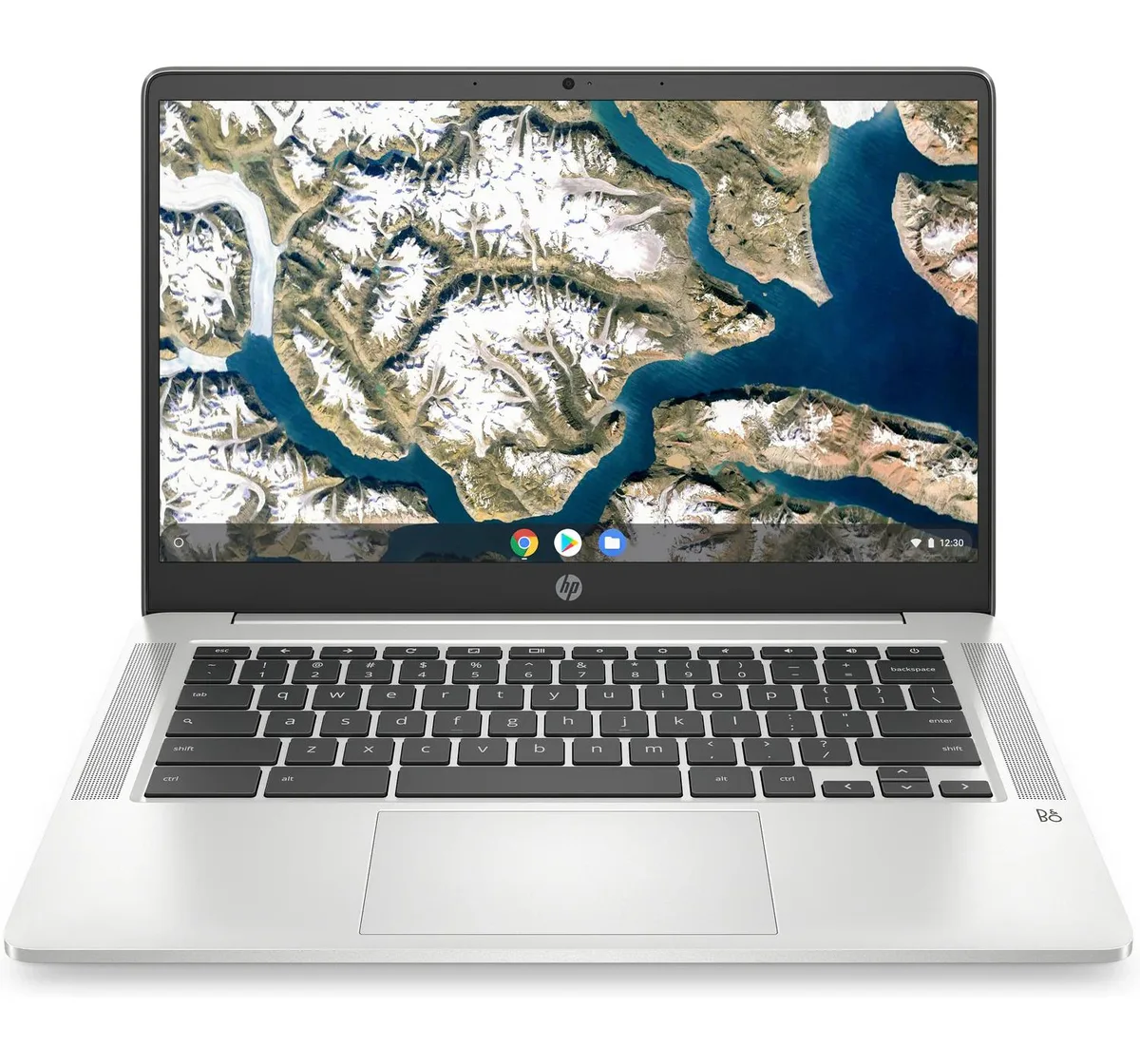 Silver HP Chromebook 14 inch laptop closed on white background