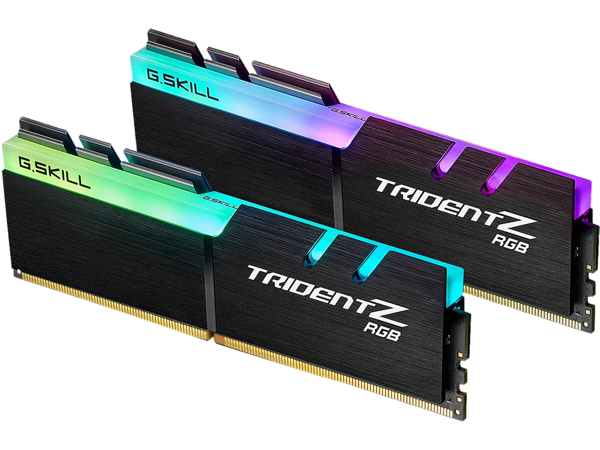 Two black aluminium heatspreaders with exposed RGB light bars, dual-channel DDR4 kit