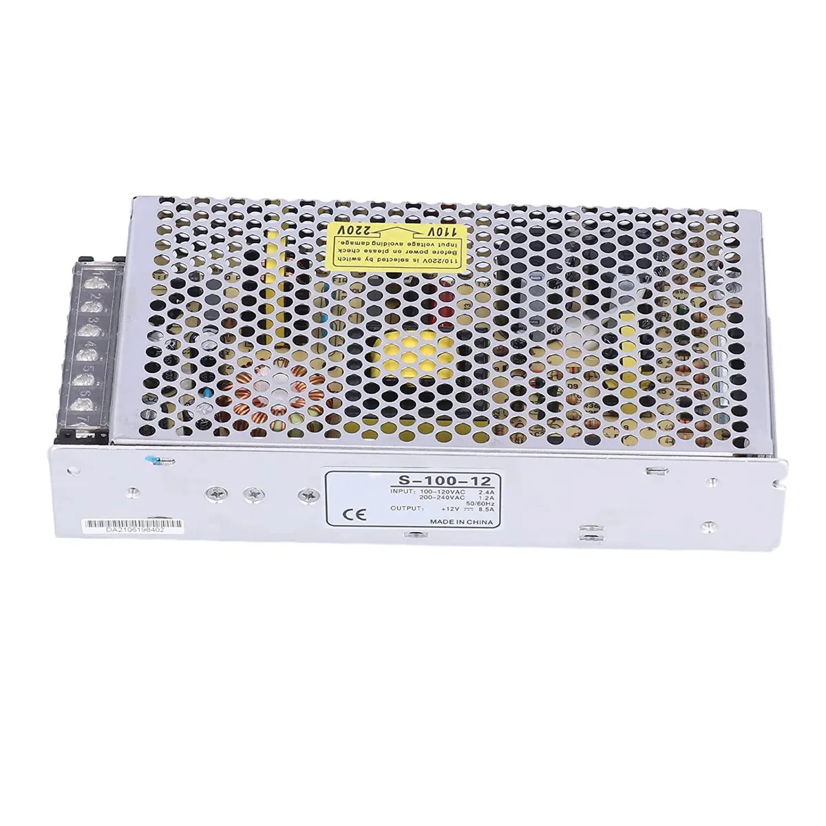 Rectangular aluminium switching power supply with ventilated hollow casing and protective terminal cover