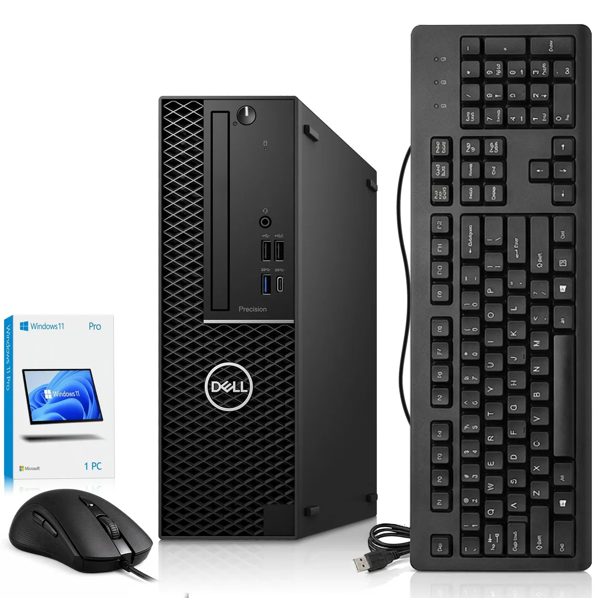 Black small form factor desktop tower with keyboard and mouse