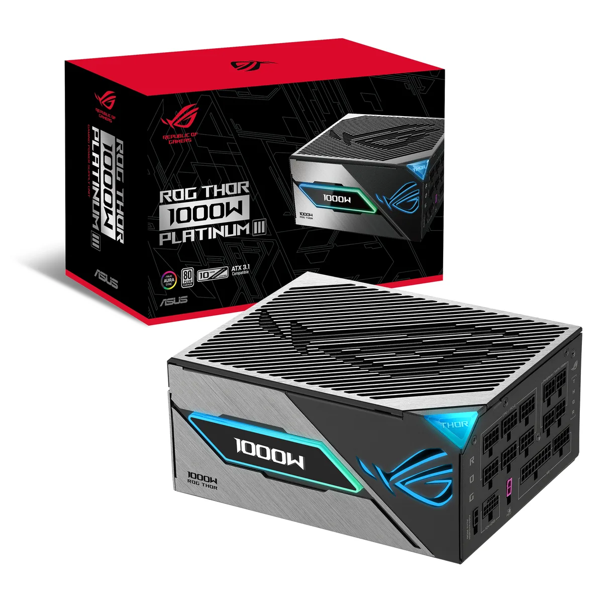 Black rectangular ATX power supply with magnetic OLED display on side