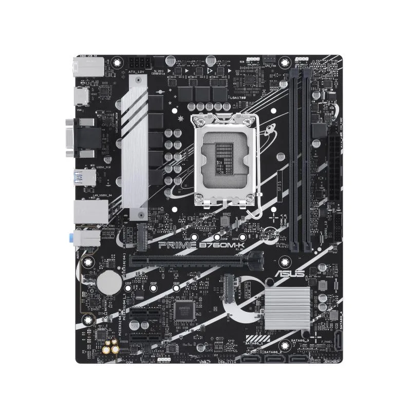 ASUS PRIME B760M-K micro ATX motherboard dark PCB with silver sockets and heatsinks
