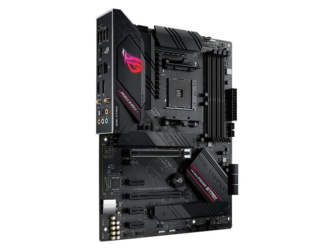 ATX motherboard in black with silver heatsinks and ROG branding