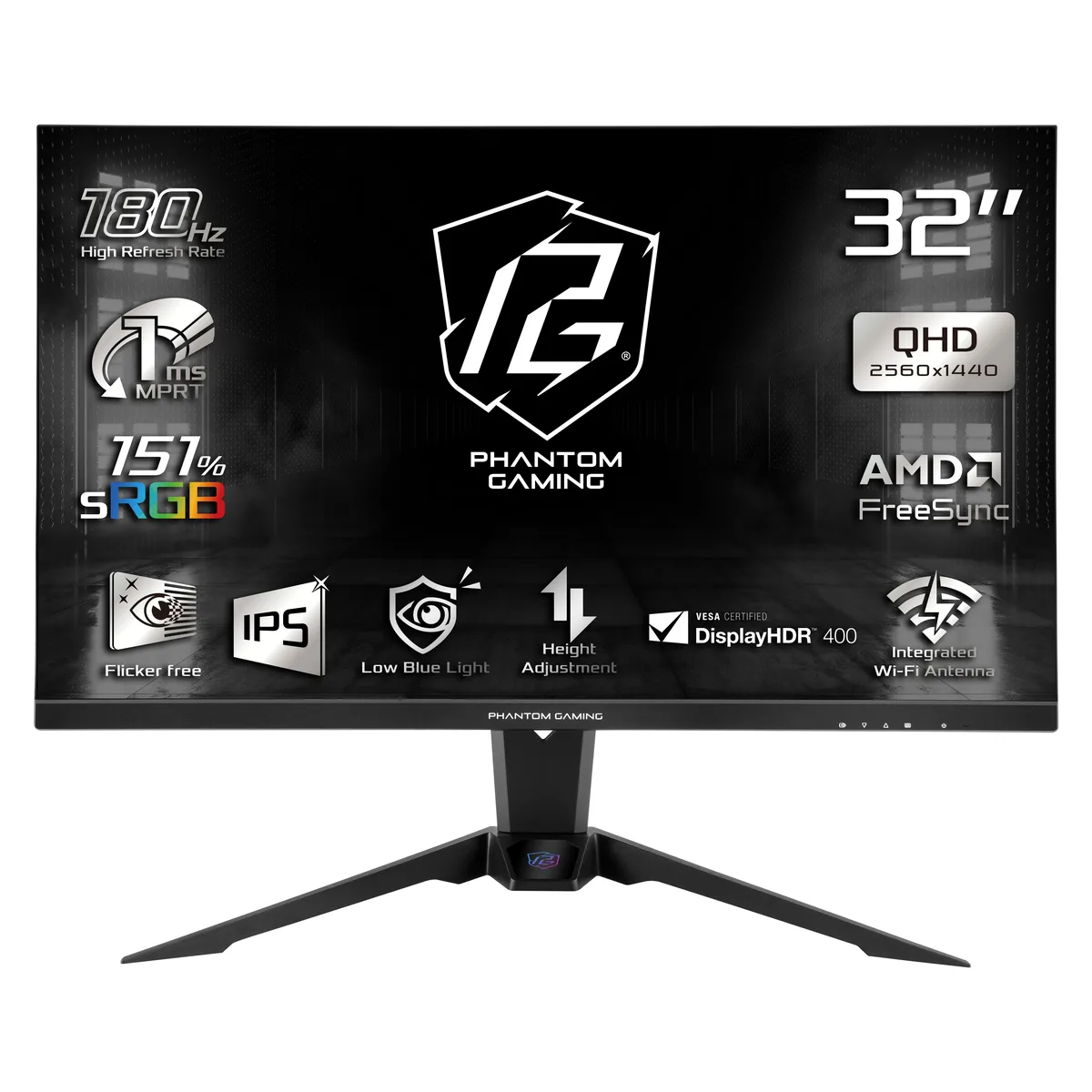 32 inch flat black gaming monitor with three sided thin bezels on height adjustable stand