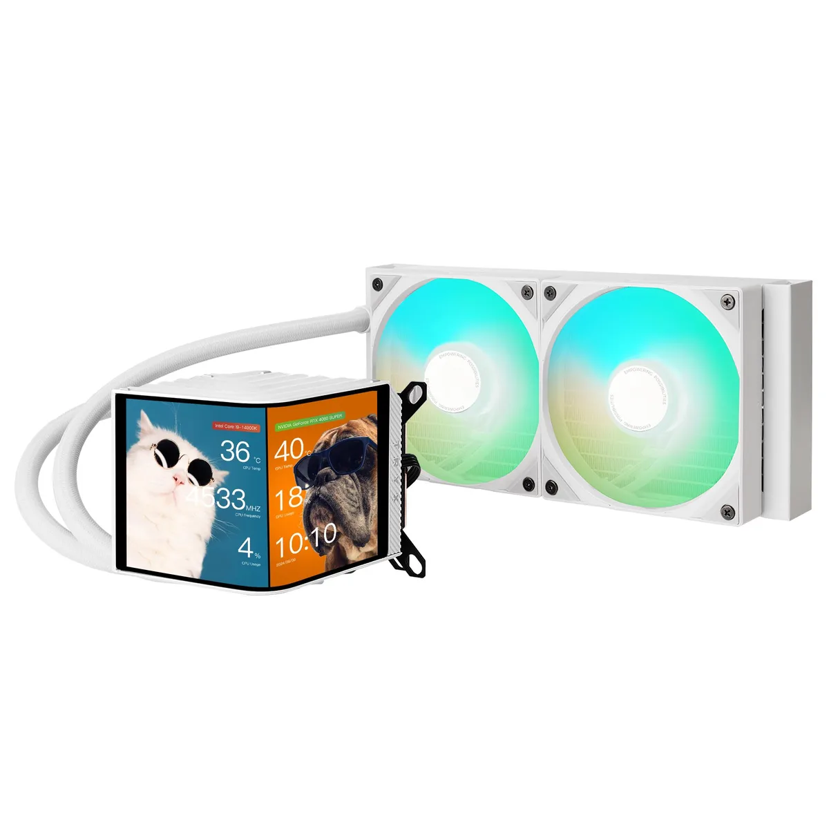 White 240 mm AIO with 6.5 inch curved AMOLED screen on pump block, two 120 mm ARGB fans, aluminium radiator