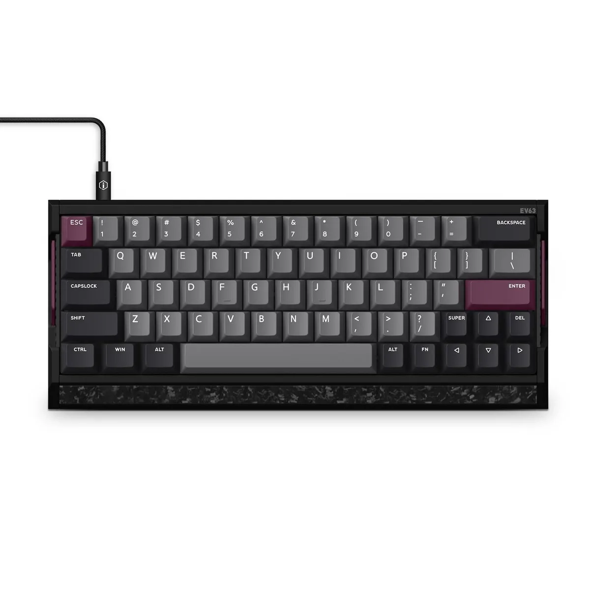 Compact 60 percent keyboard dark purple aluminium forged carbon finish 64 keys USB-C