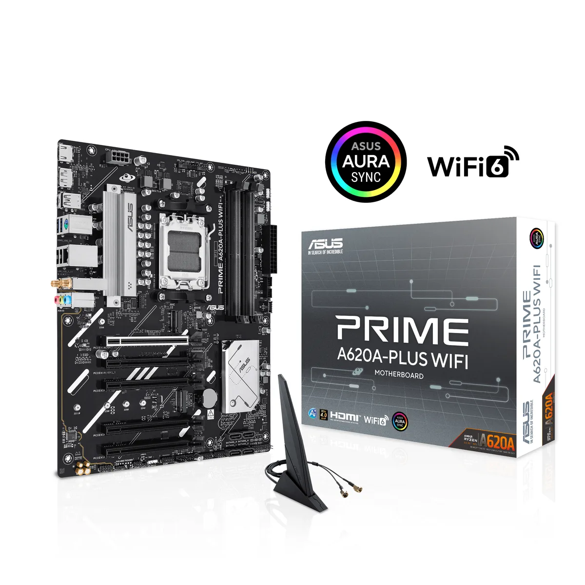 ATX motherboard in matte black with silver heatsinks, four DDR5 slots, two M.2 sockets, rear I/O shield showing HDMI, DisplayPort