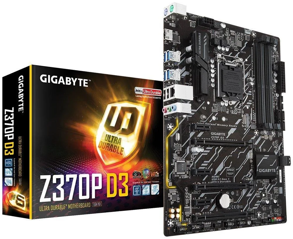 Refurbished ATX motherboard, black PCB with silver heatsinks and blue slots