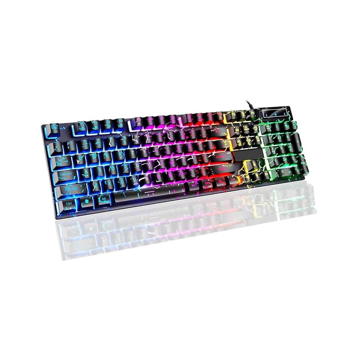 Black wired gaming keyboard with 104 keys and rainbow backlighting