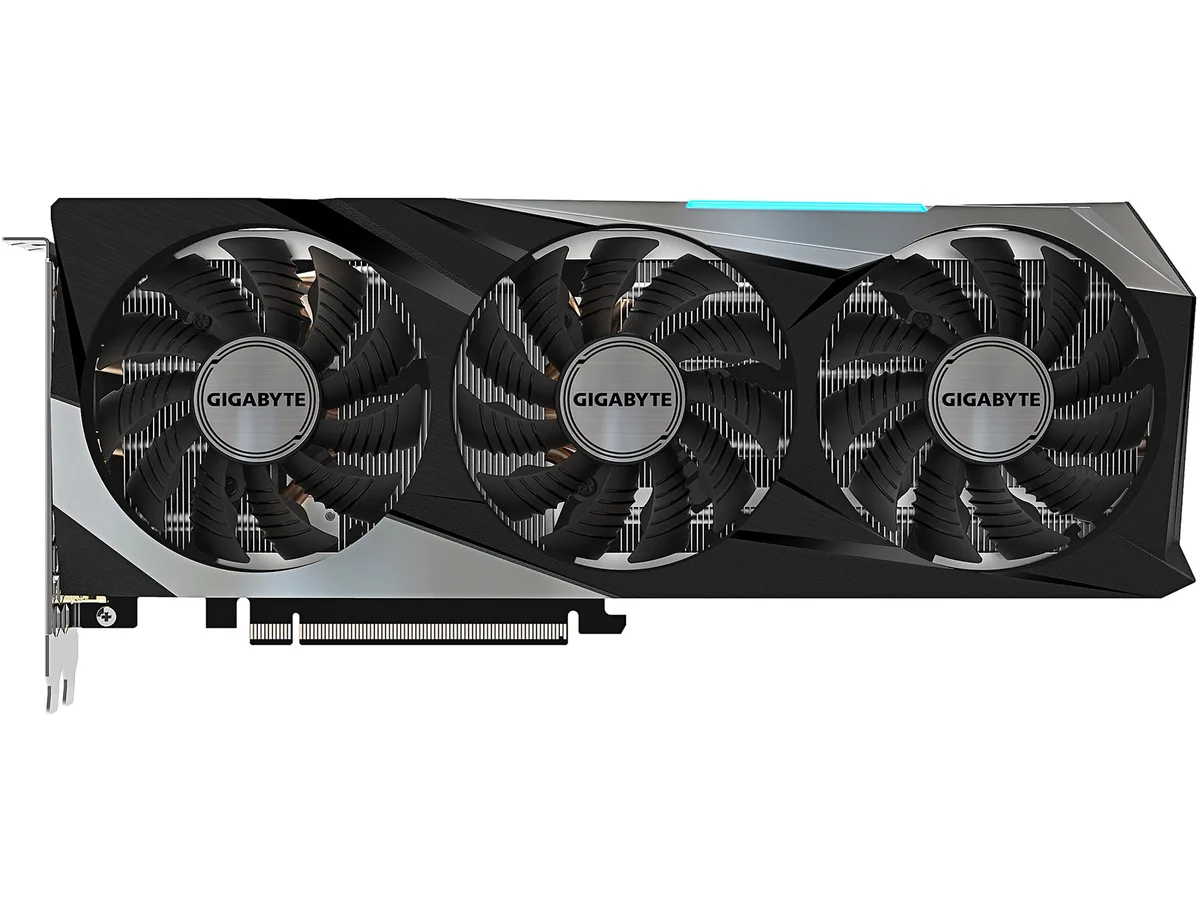Triple-fan graphics card with metal backplate, silver and black finish