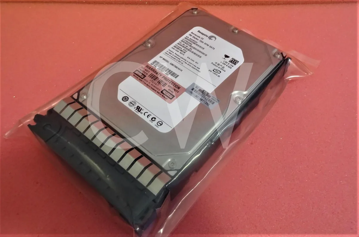 Silver 3.5 inch SATA hard drive mounted in black HP Smart Carrier caddy