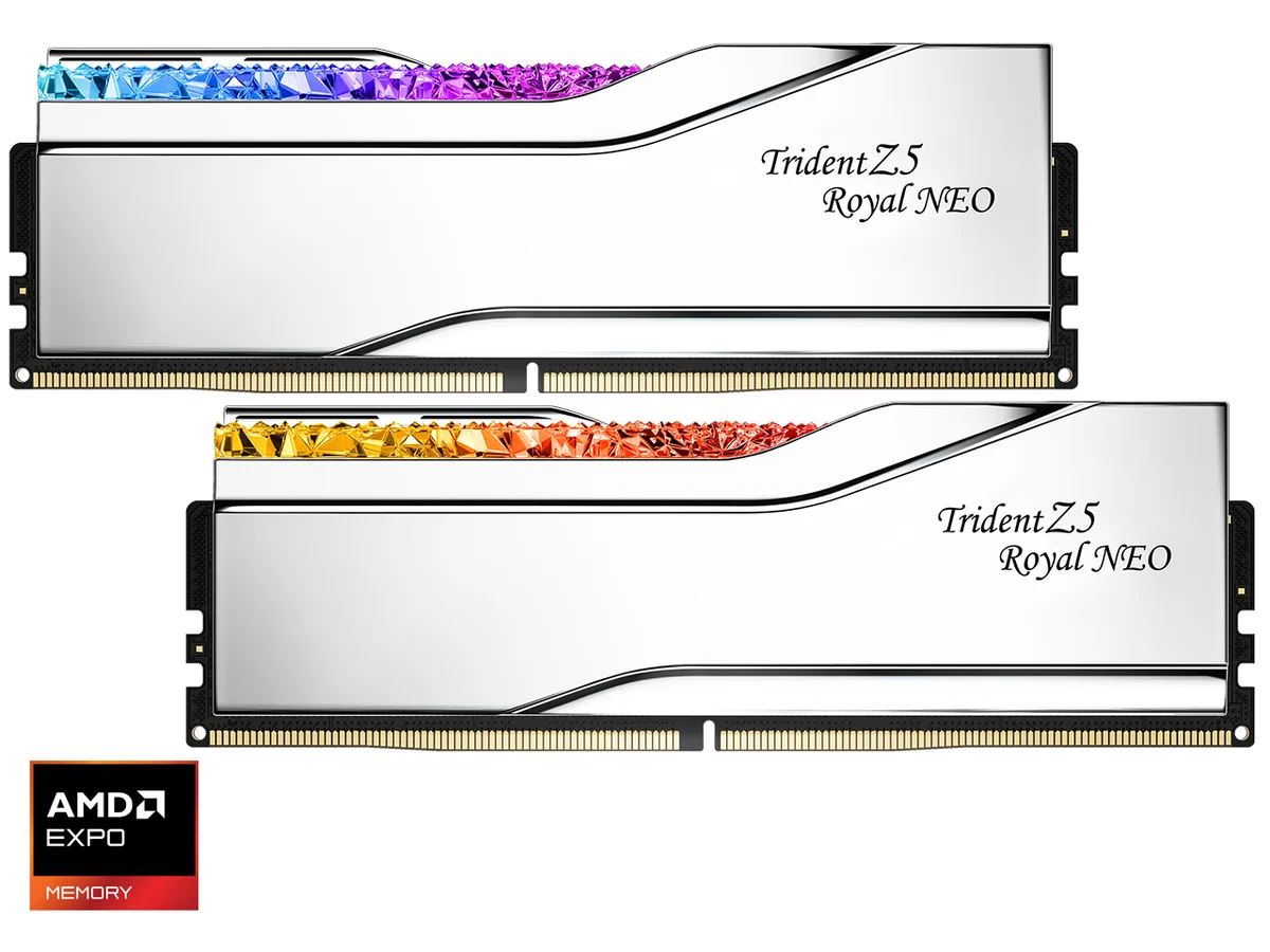 Two silver DDR5 modules with mirrored heatspreaders and crystalline RGB light bars