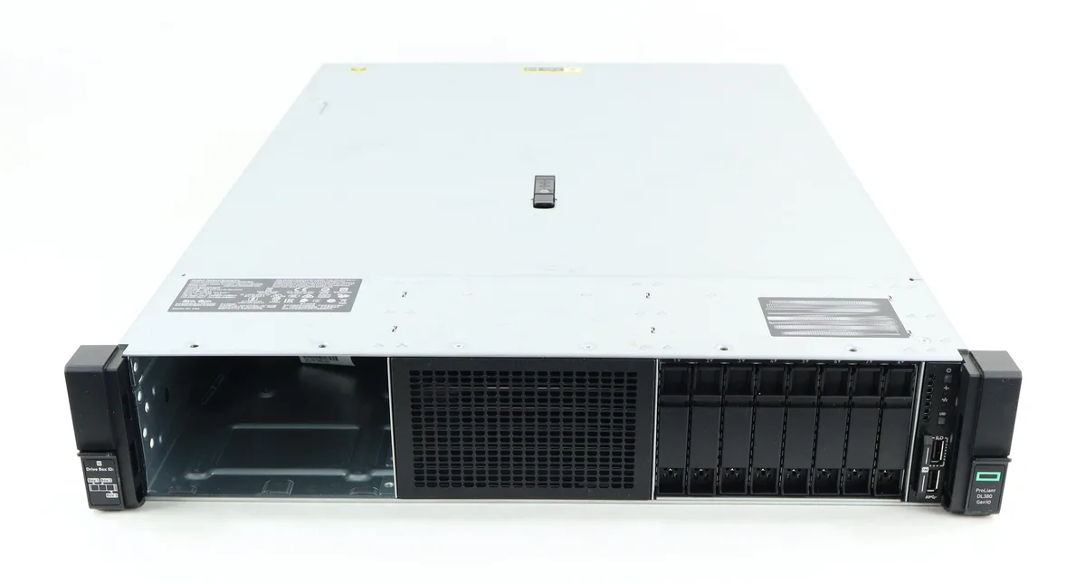 Silver 2U rack server, matte dark chassis, front drive bays and vents