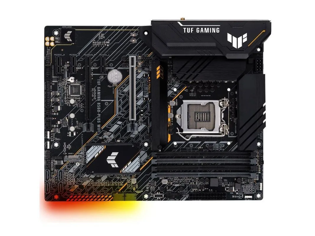 ATX motherboard with black PCB and grey heatsinks