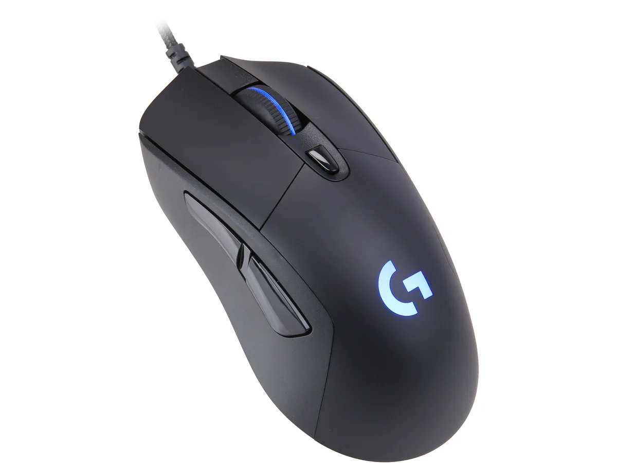 Black wired gaming mouse with rubber side grips and braided cable