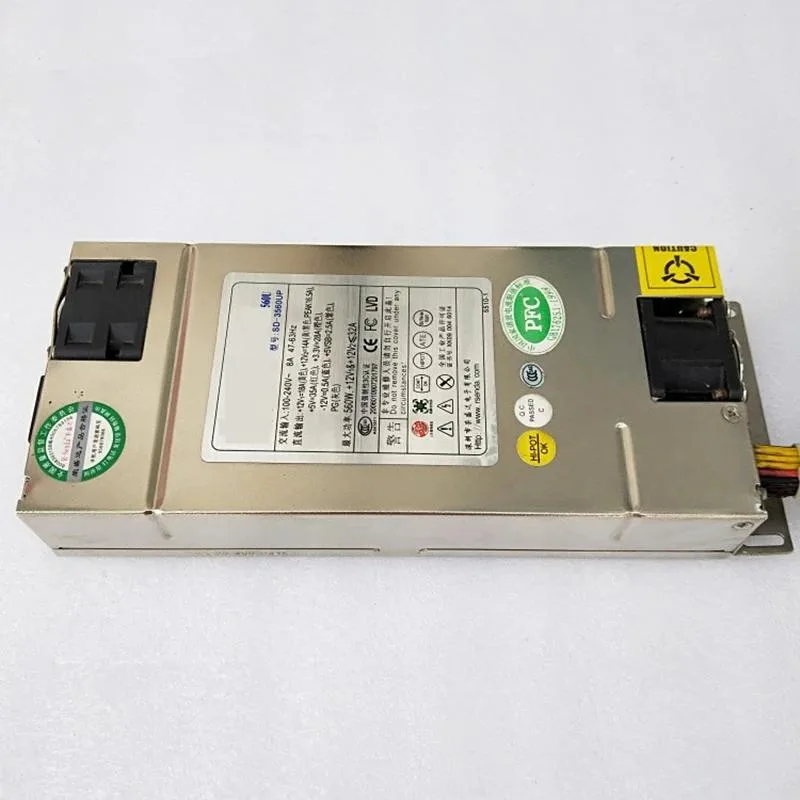 Rectangular silver metal 1U power supply unit with rear fan grille and modular cable sockets