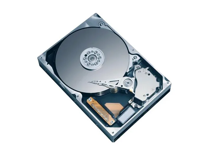Silver 3.5 inch bare hard drive with exposed circuit board