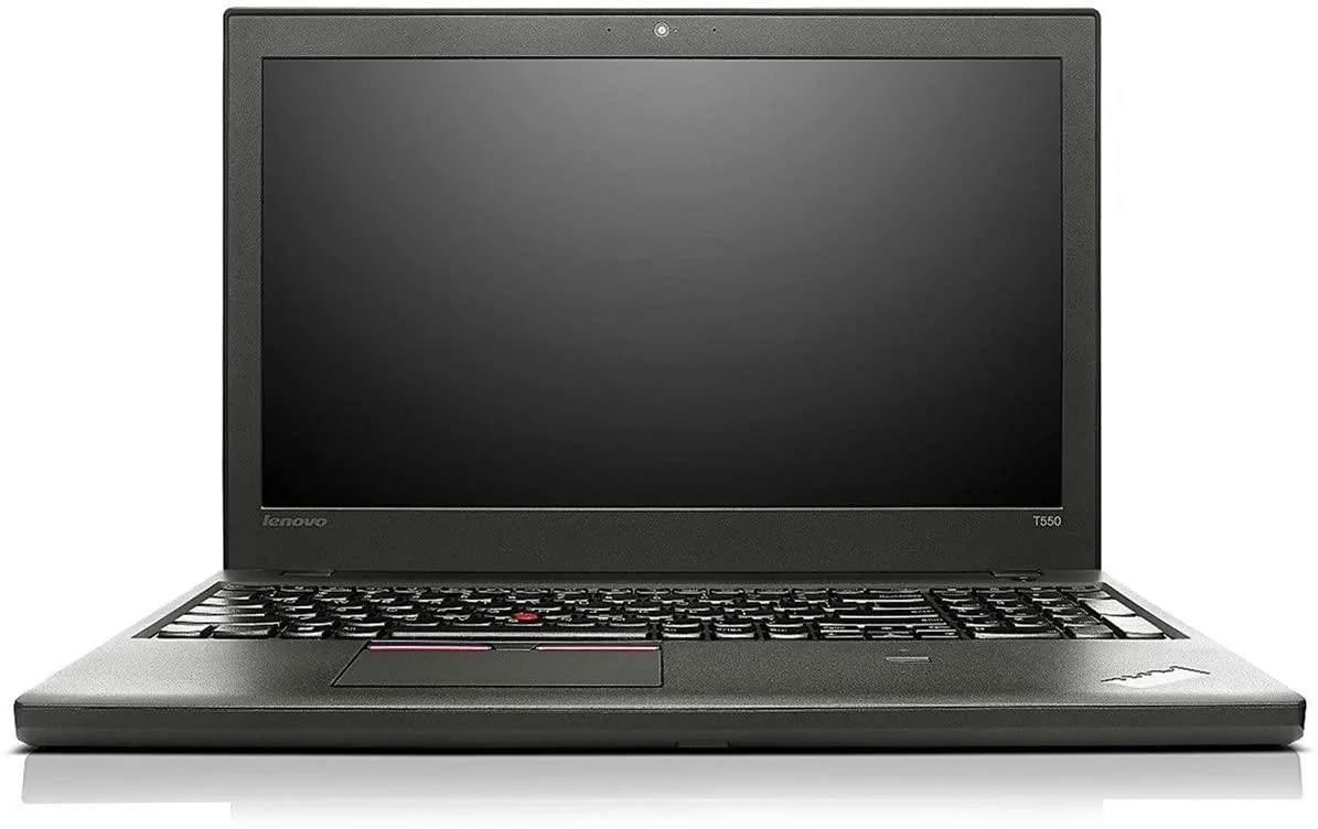 Black Lenovo ThinkPad T550 laptop closed on a light surface