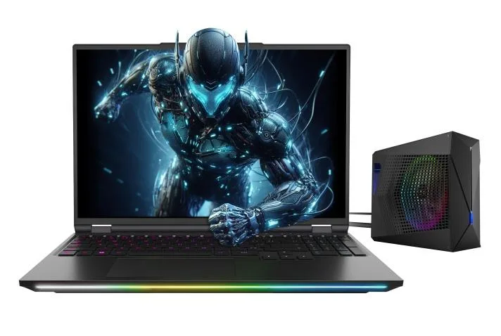 Sleek dark gaming laptop with 16.0 inch thin-bezel mini-LED screen and external liquid cooling box