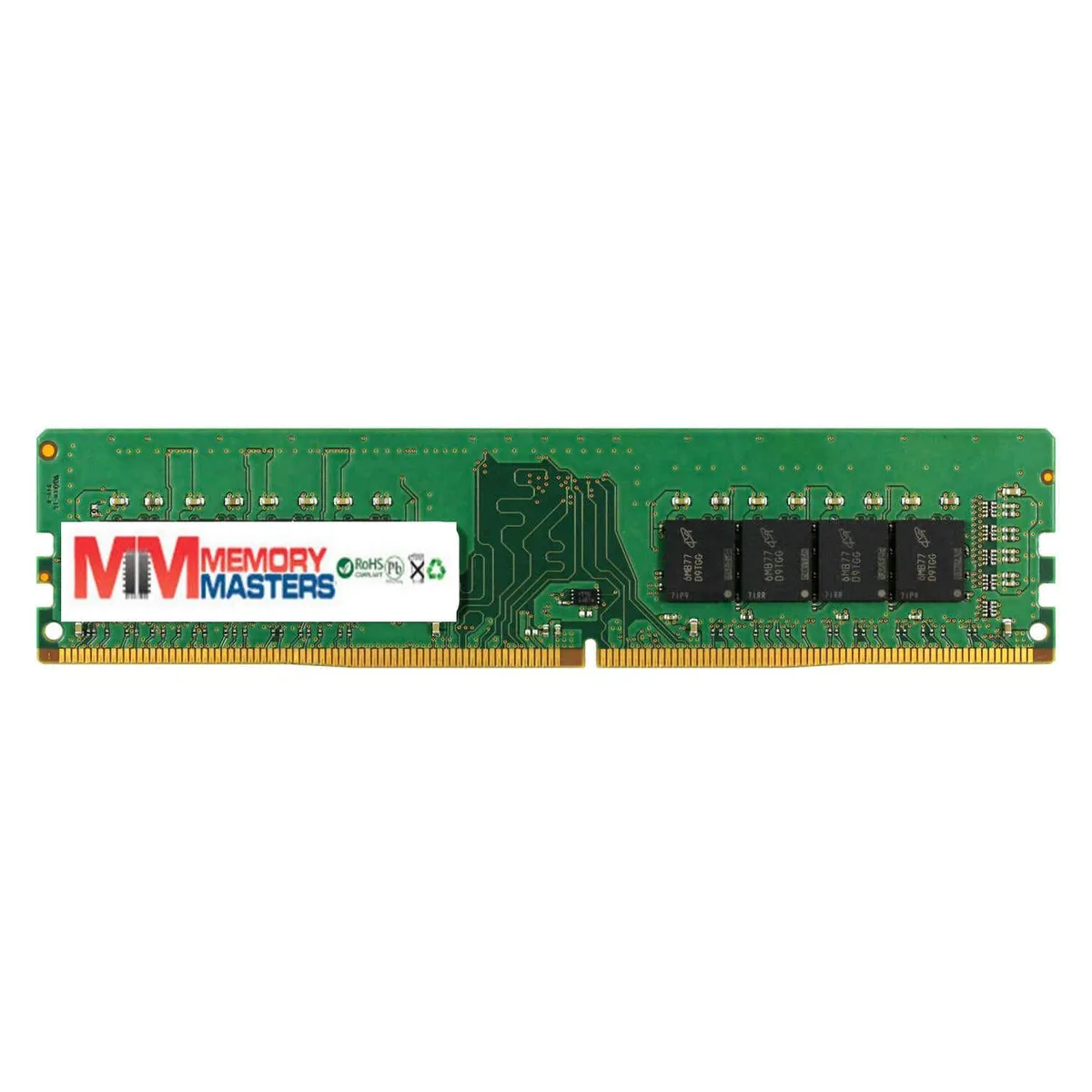 Green rectangular circuit board with black memory chips and gold edge connector