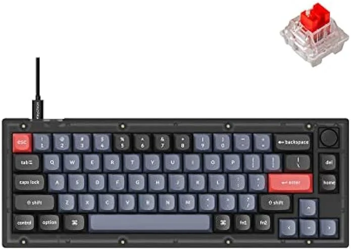 Compact 65 percent keyboard in frosted black translucent case with rotary knob and red switches