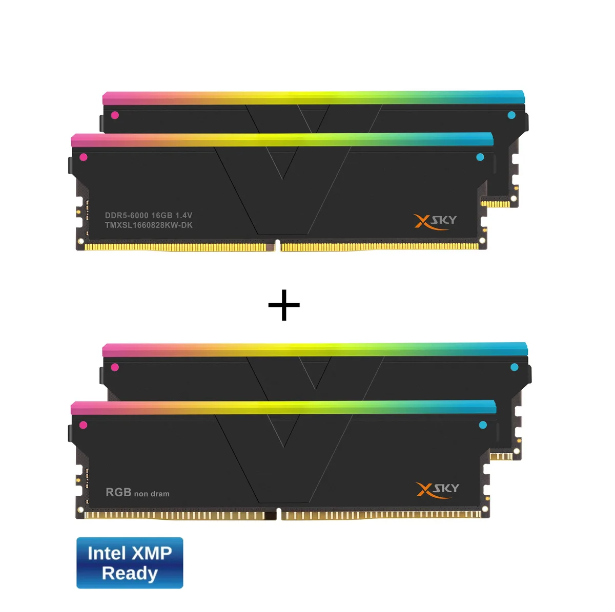 Two black DDR5 memory sticks and two matching RGB filler modules side by side