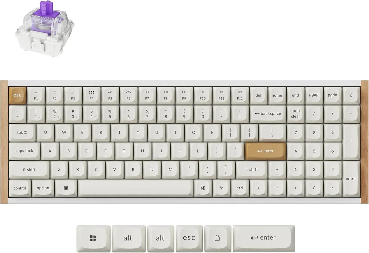 96% compact wireless keyboard with wood frame and white keycaps
