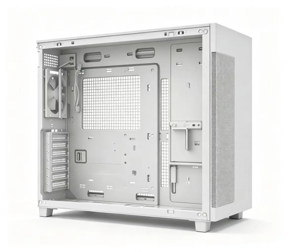 White cube-shaped ATX case with tempered glass side panel and front USB-C ports