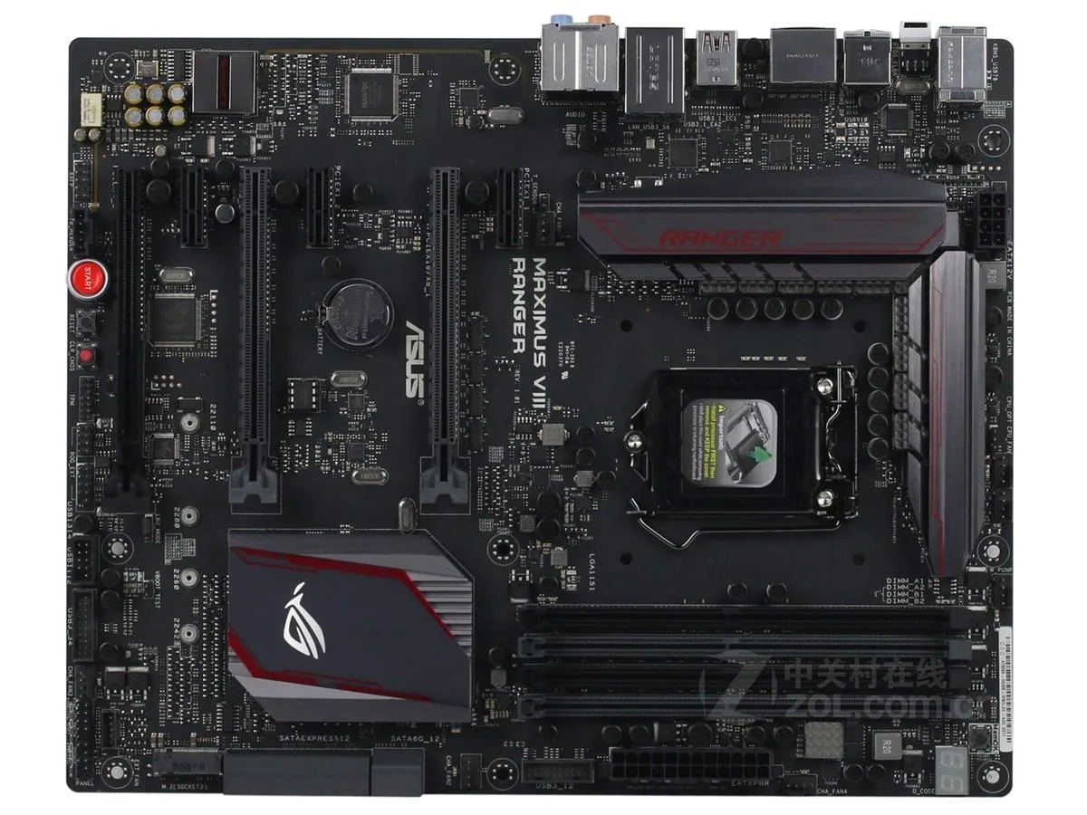 ATX motherboard with black PCB and silver heatsinks