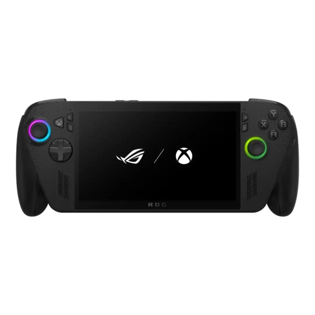 Black handheld gaming laptop with 7 inch touchscreen and built-in controls
