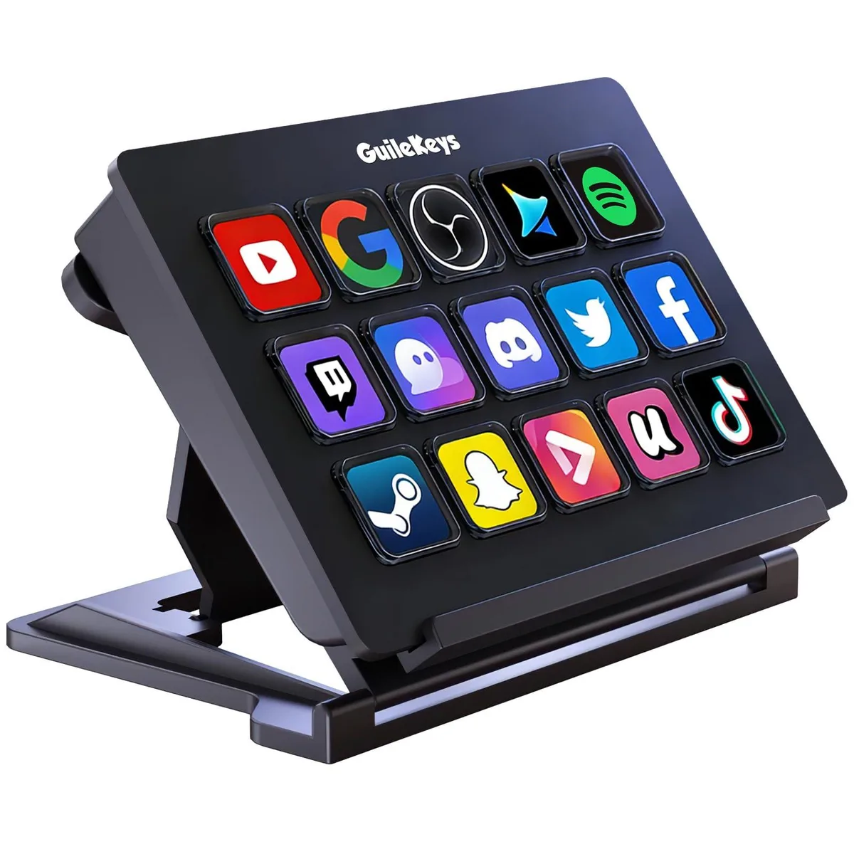 Black rectangular stream deck with fifteen square LCD keys in a plastic chassis