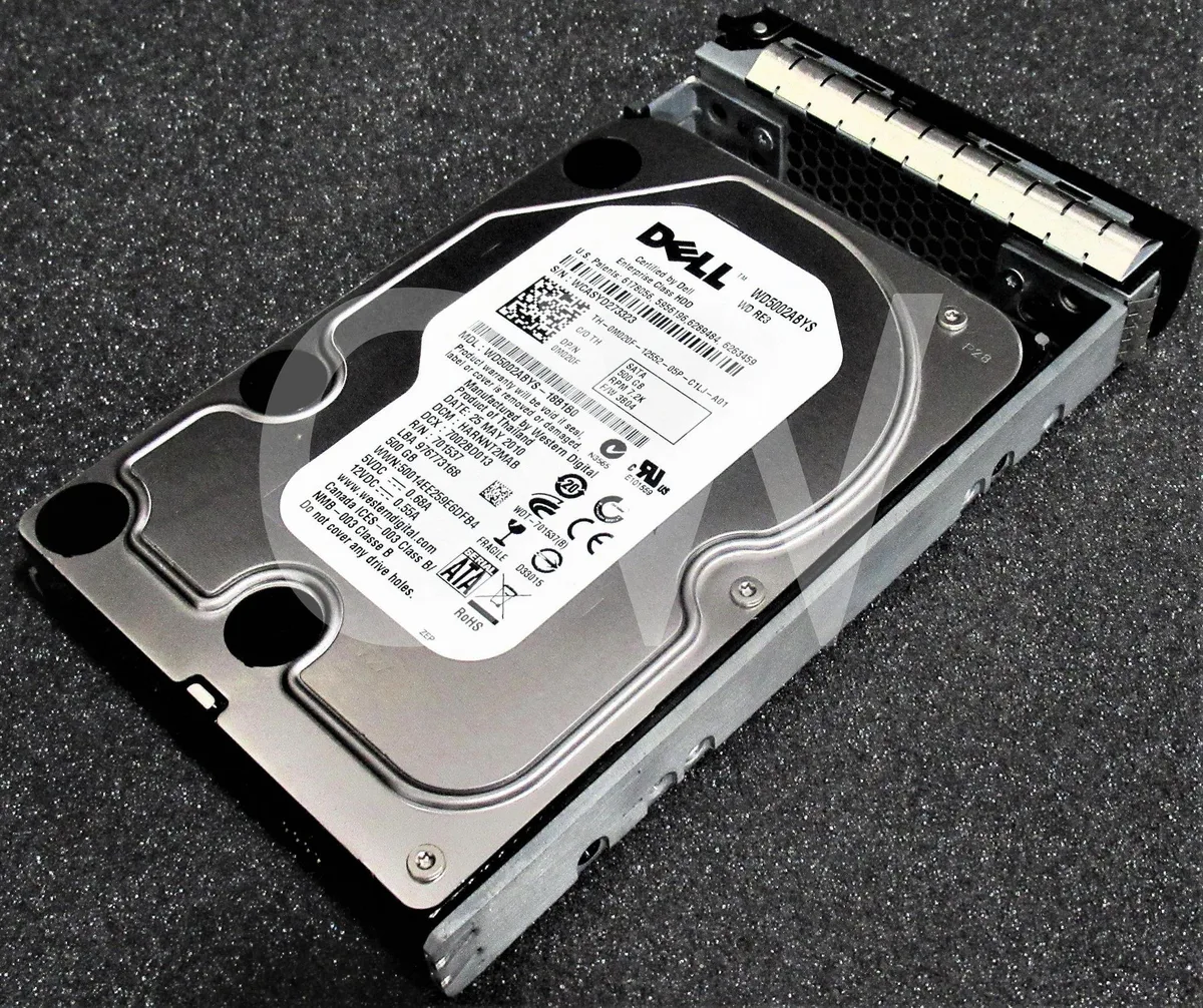 Silver 3.5 inch SATA hard drive with black Dell caddy tray