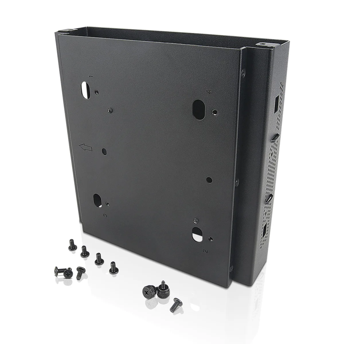 Metal mounting bracket for ThinkCentre Tiny PC, open steel frame with screw holes