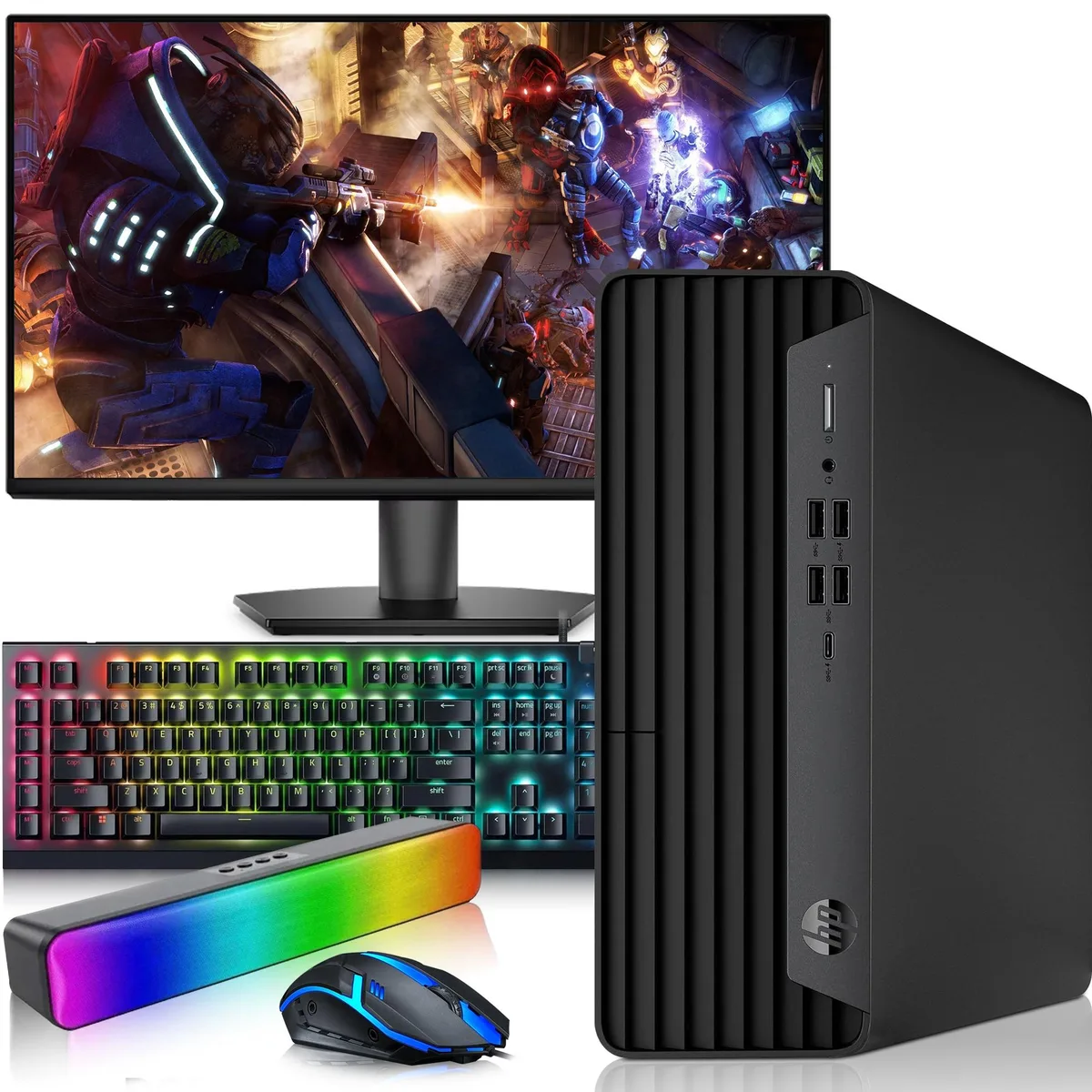 Compact small-form-factor desktop tower with 24 inch monitor RGB keyboard mouse and sound bar