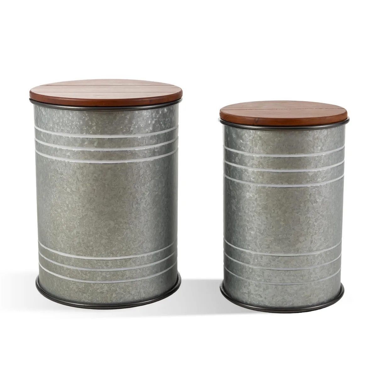  Glitzhome 1002004184 Galvanized Metal Barrel Ottoman Set of 2 Grey — 商品照片