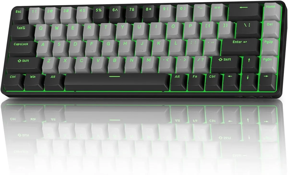 Compact 65% mechanical keyboard black gray keycaps RGB backlight visible
