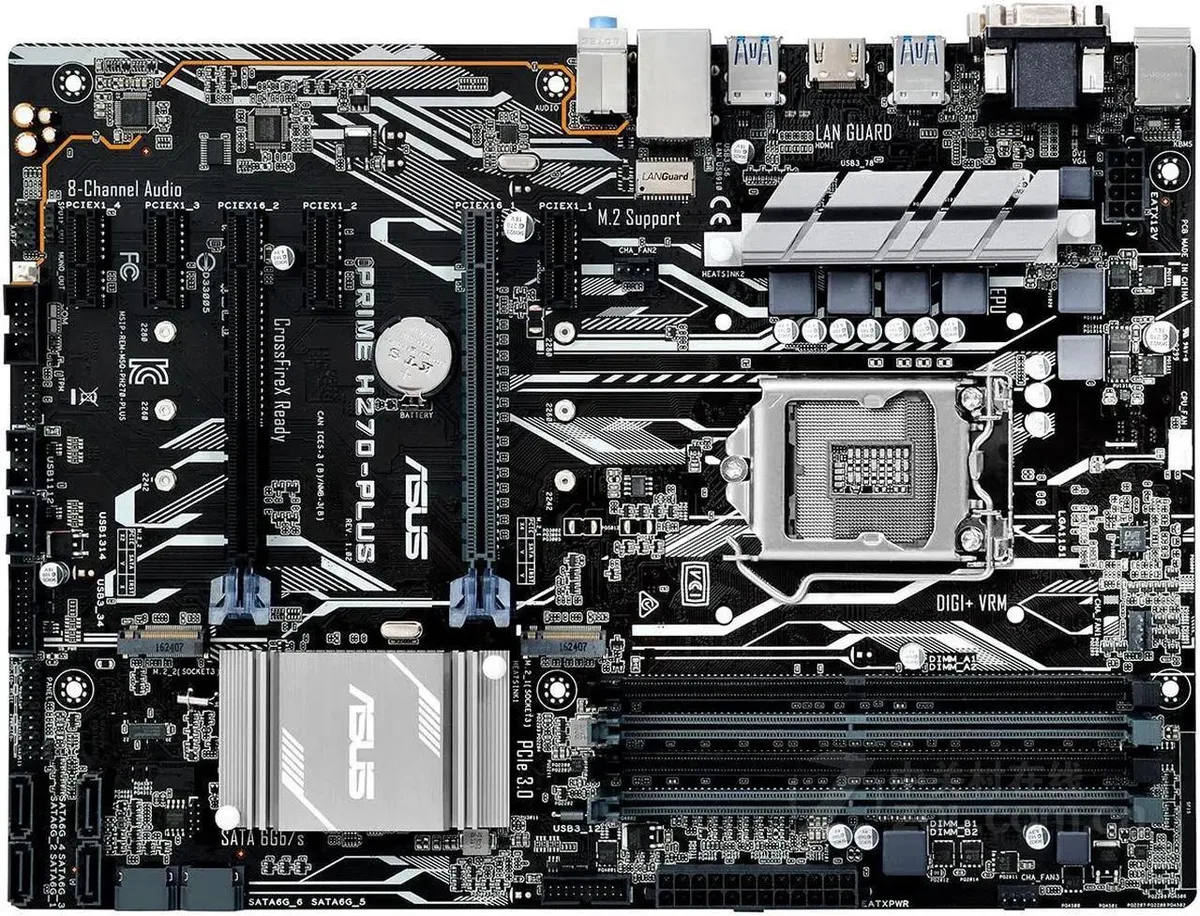 ASUS PRIME H270-PLUS ATX motherboard in black PCB with silver I/O shield and DDR4 slots