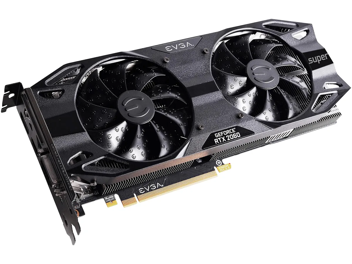 EVGA RTX 2060 SUPER graphics card with dual fans and metal backplate