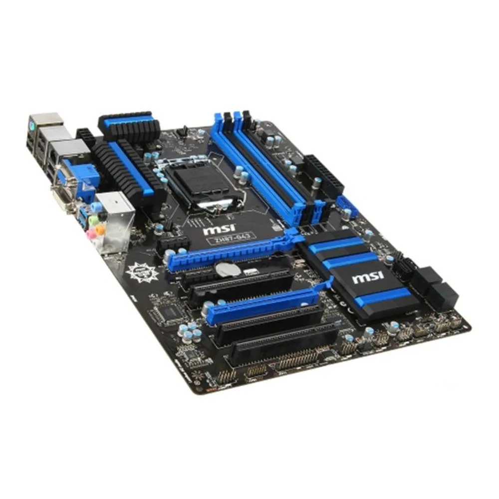 MSI ZH87-G43 ATX motherboard, black PCB with silver heatsinks and blue slots