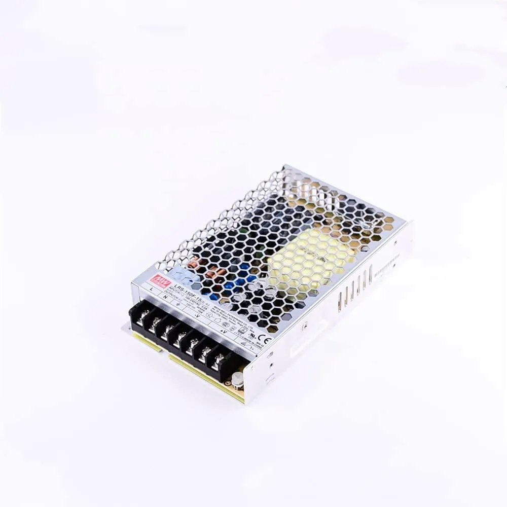 Silver metal rectangular enclosed power supply unit with ventilation slots and terminal connections