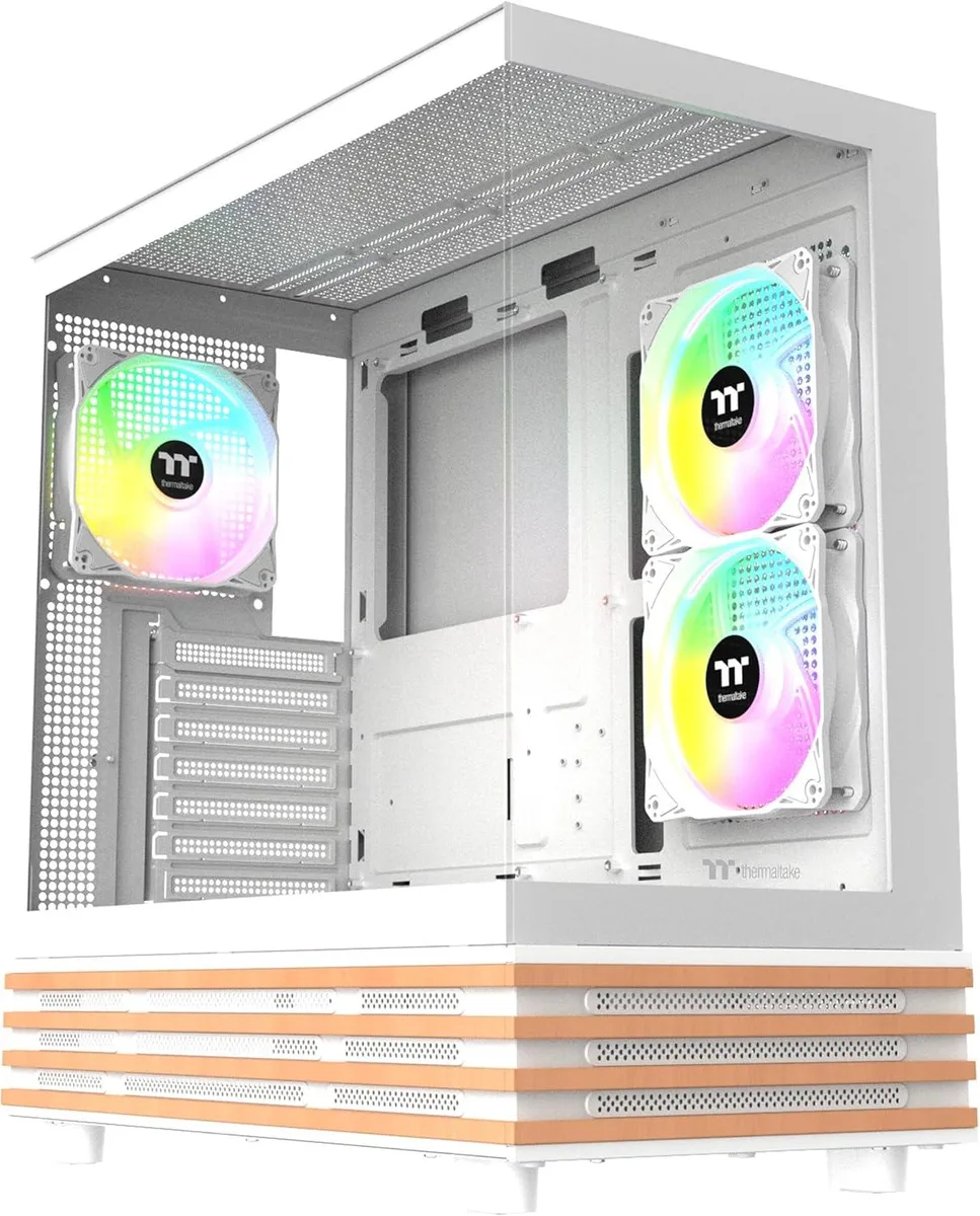 Snow mid-tower case with tempered glass front and side panels, wood-trimmed bottom chamber, three pre-installed ARGB fans