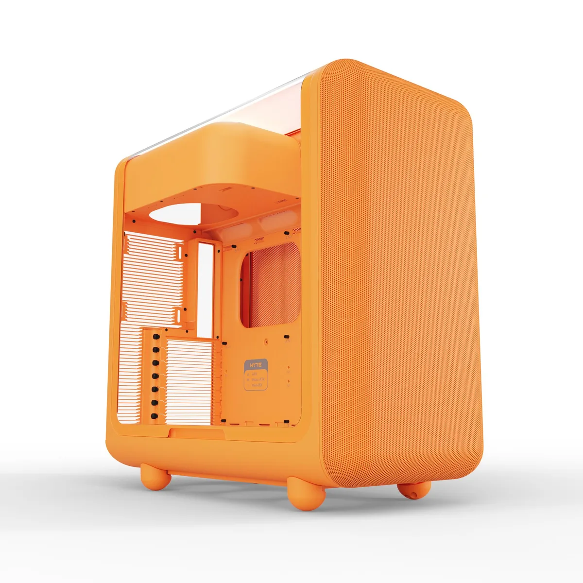 Orange mid-tower case with micro-mesh front panel, louvered top vents and tempered glass side