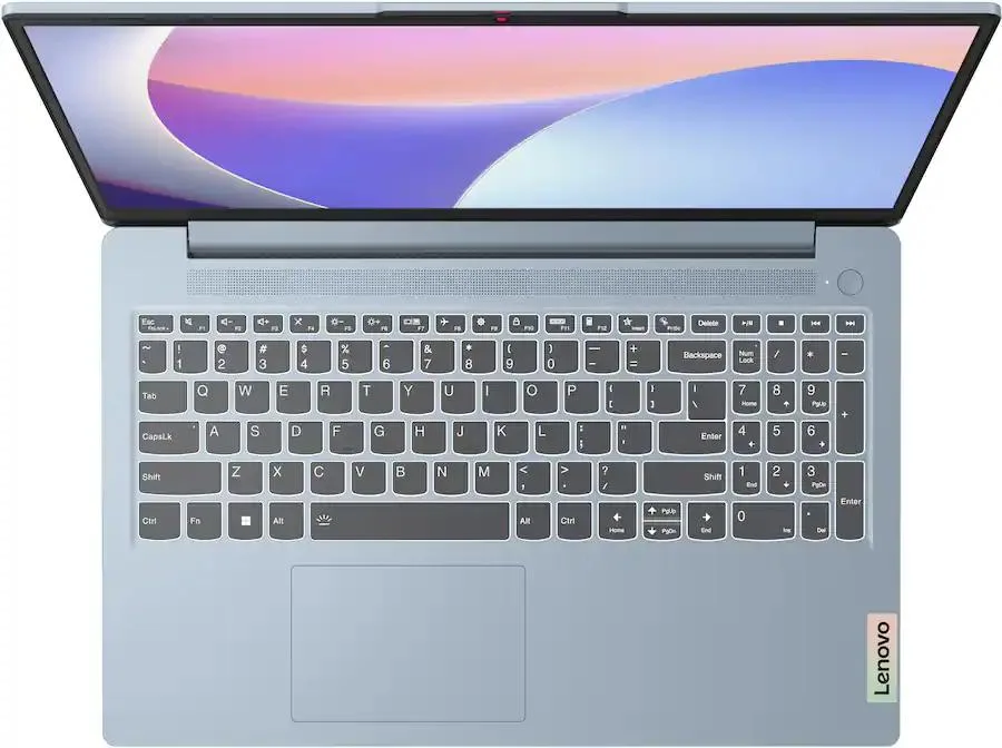 Thin silver laptop with blue lid open showing 15.6 inch screen