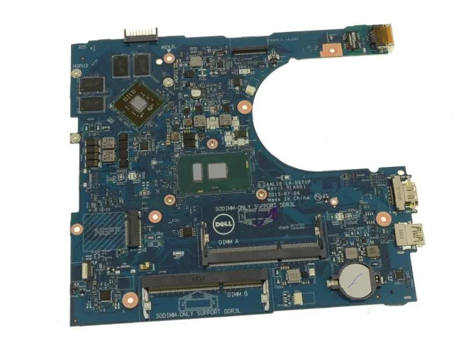 Green Dell laptop motherboard with silver CPU socket and black expansion slots