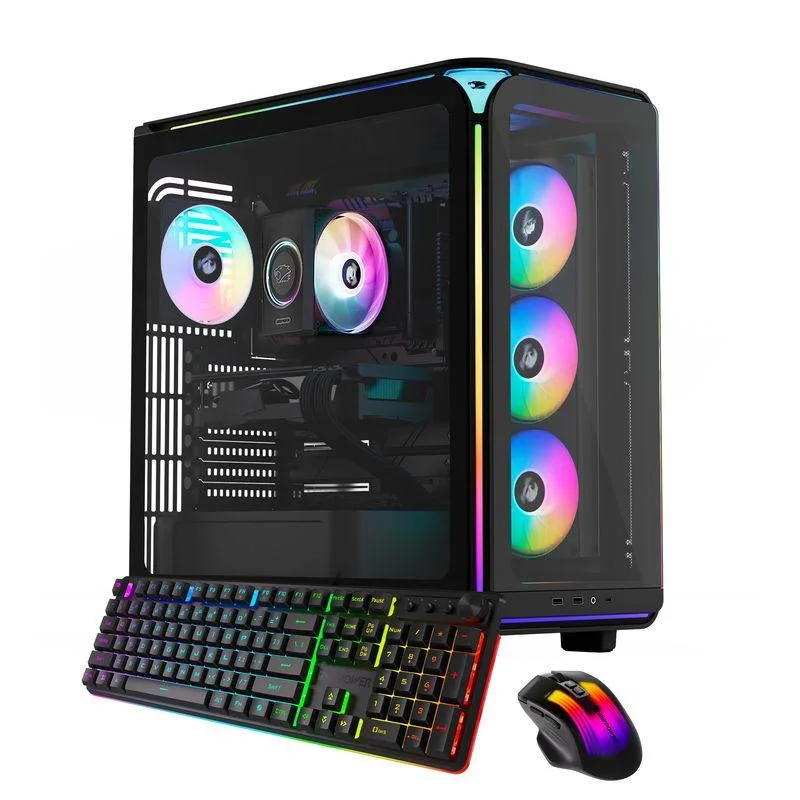 Black mid-tower gaming desktop with RGB fans and side panel