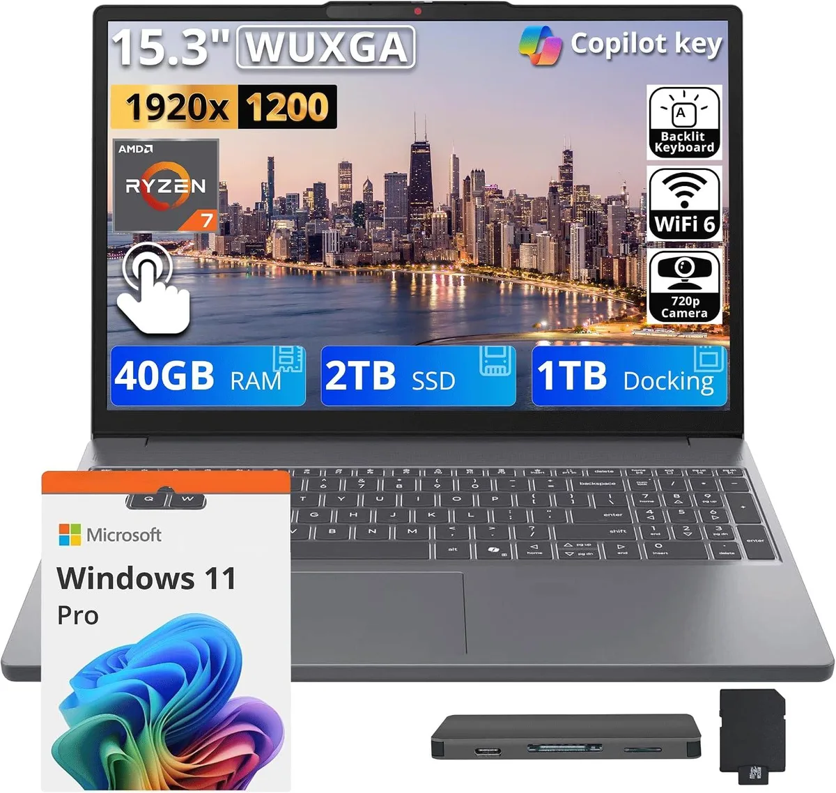 Lenovo Lenovo IdeaPad Slim 3 15.3" WUXGA Touchscreen AMD Ryzen 7 8840HS 40GB DDR5 2TB SSD Luna Gray business laptop — صورة المنتج